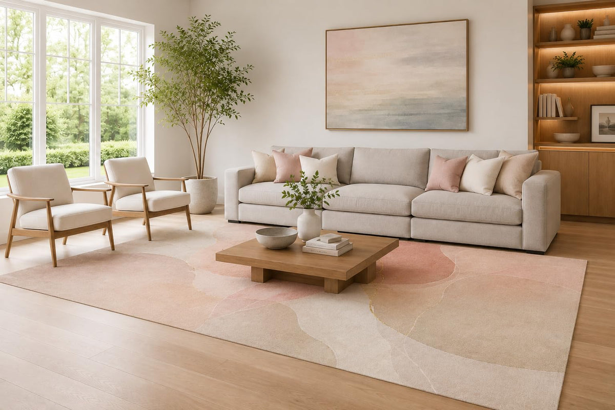 ICE ARMOR Large 6'7" x 9'10" Blush Pink and Ivory Modern Abstract Bloom Area Rug for Living Room, Soft Low Pile Carpet with Non-Slip Silicone Backing, Decor for Bedroom and Home Office