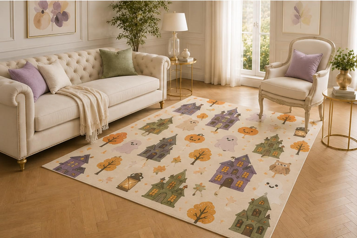 ICE ARMOR 5' x 7' Haunted House Ghost Rug, Whimsical Fall Tree Lantern Artwork, Smooth Printed Carpet with Secure Grip Underside for Living Area, Dorm and Hallway