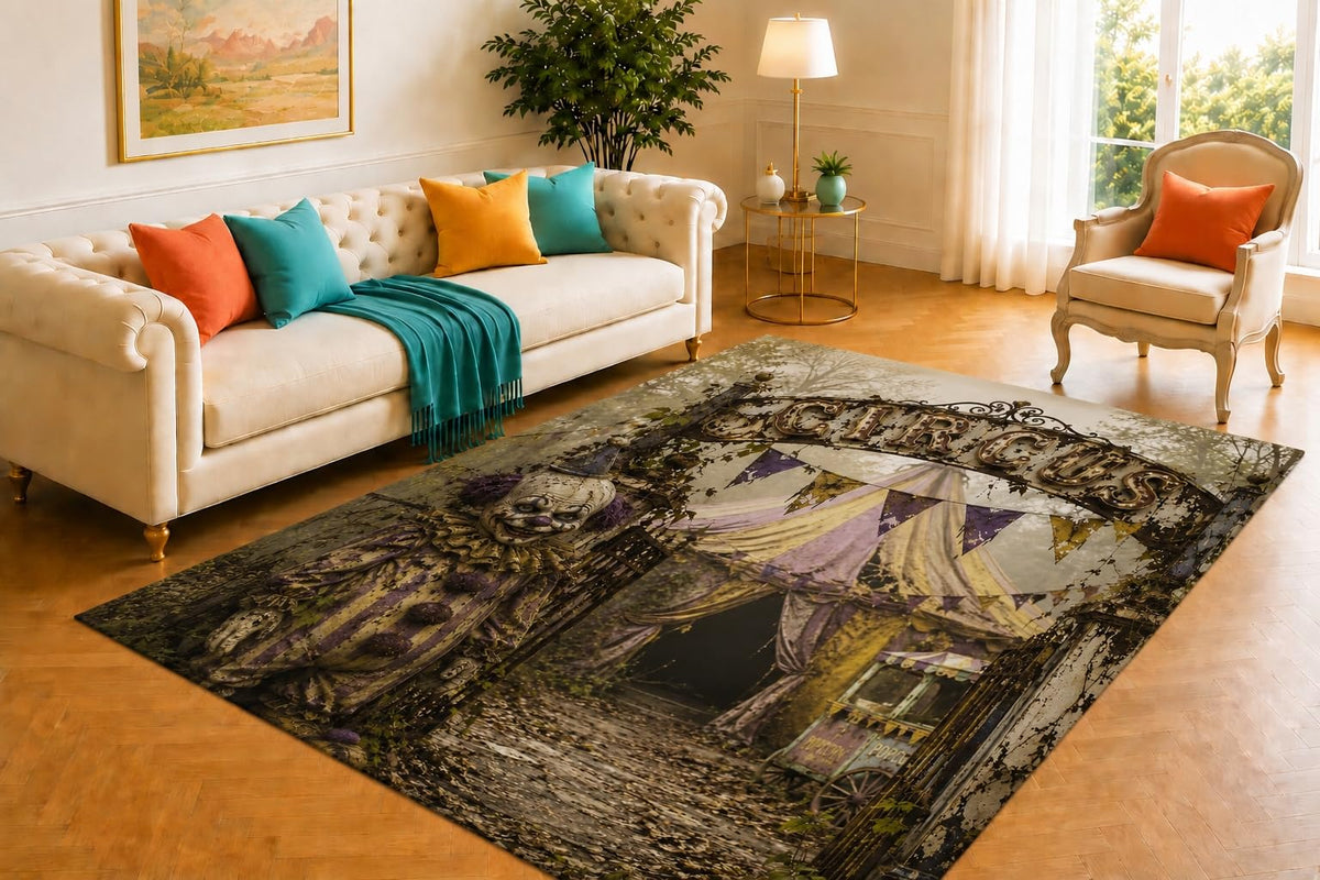 ICE ARMOR 5' x 7' Haunted Circus Rug, Clown Mask Balloon and Striped Tent Artwork, Smooth Printed Floor Cover for Game Room, Lounge, Bedroom and Carnival Decor