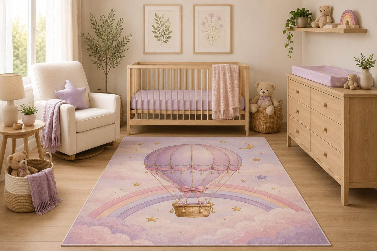 ICE ARMOR 5' x 7' Pastel Hot Air Balloon Area Rug, Rainbow Sky Nursery Baby Girl Bedroom Playroom Decor, Non-Slip Silicone Backing Low Pile Carpet