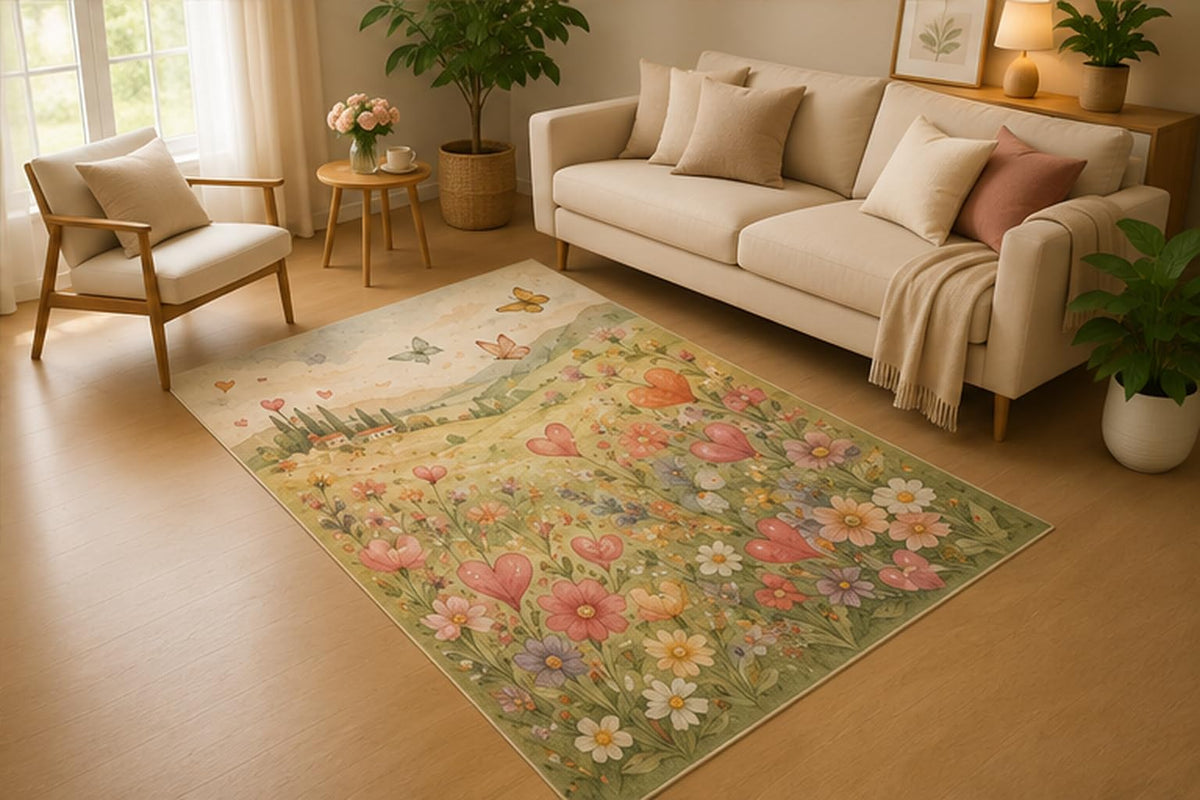 ICE ARMOR 5' x 7' Wildflower Heart Meadow Area Rug, Soft Low Pile Indoor Rug with Non-Slip Silicone Backing for Living Room, Bedroom, Nursery, Kids Room, Kids & Pets, Green Pink Cream