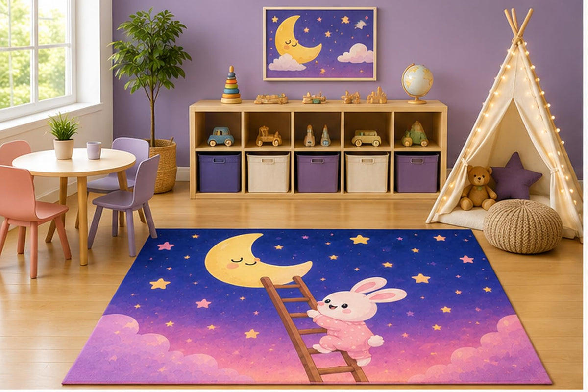 ICE ARMOR 5' x 7' Bunny Climbing Moon Kids Area Rug, Cute Rabbit Ladder Crescent Moon Stars Kawaii Cartoon Playroom Nursery Bedroom Reading Corner Decor, Non-Slip Silicone Backing Low Pile