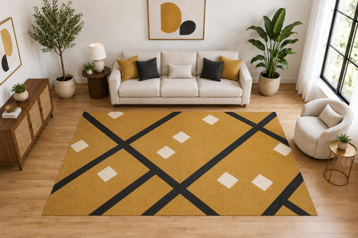 ICE ARMOR Large 6'7" x 9'10" Modern Diamond Grid Area Rug for for Bedroom, Living Room, Soft Low Pile Indoor Rug with Non-Slip Silicone Backing, Mustard Black Ivory
