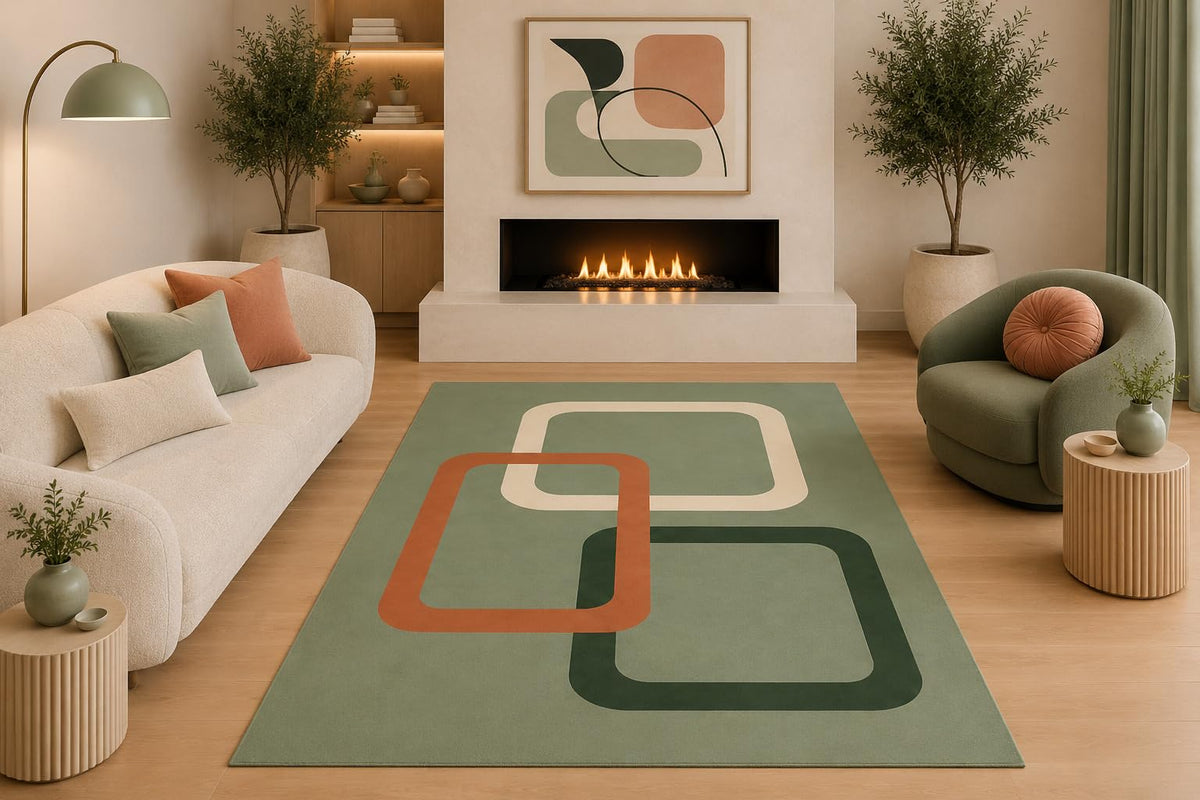 ICE ARMOR 5' x 7' Mid Century Modern Geometric Area Rug Sage Green Rust Cream Interlocking Squares for Living Room Bedroom Office Non-Slip Silicone Backing Low Pile