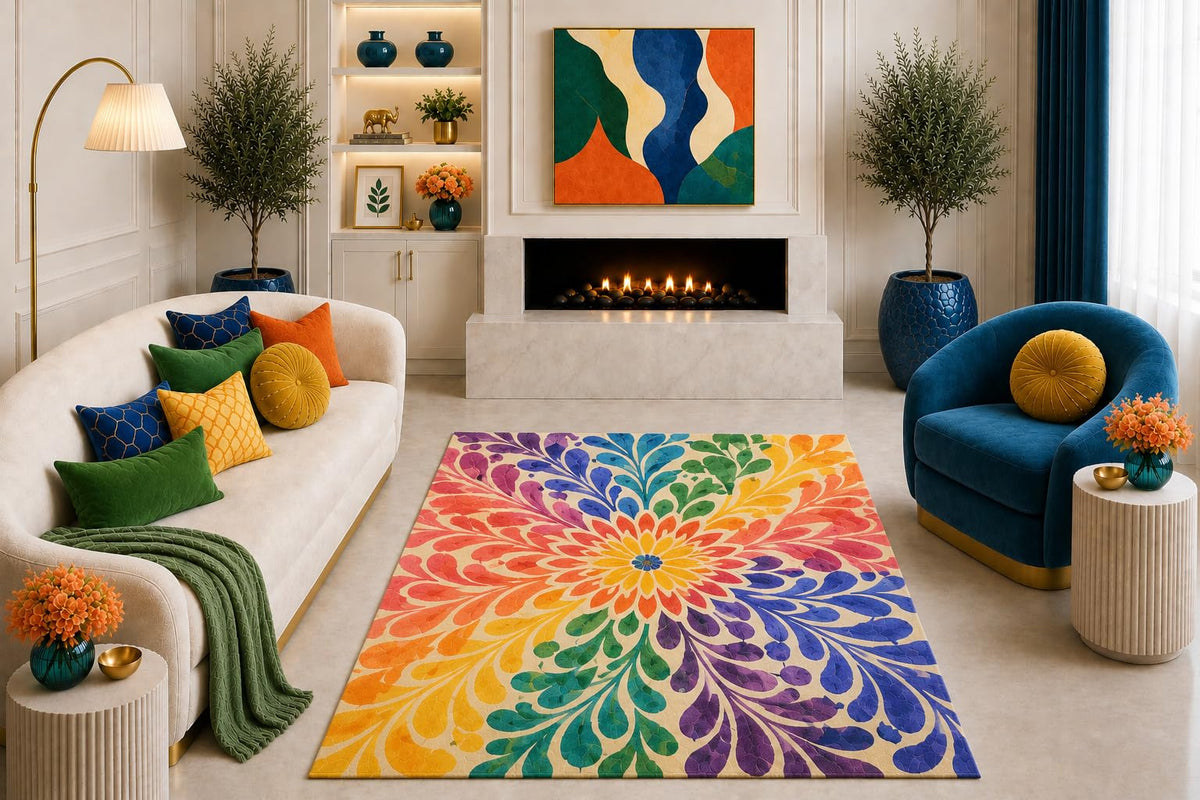 ICE ARMOR "Ultra Light Weight 5' x 7' Rainbow Floral Area Rug Colorful Boho Botanical Burst Pattern Living Room Bedroom Playroom Dining Room Non-Slip Silicone Backing Low Pile