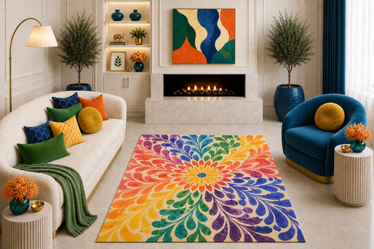 ICE ARMOR "Ultra Light Weight 5' x 7' Rainbow Floral Area Rug Colorful Boho Botanical Burst Pattern Living Room Bedroom Playroom Dining Room Non-Slip Silicone Backing Low Pile