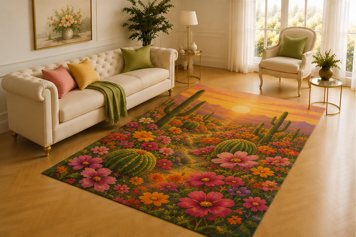 ICE ARMOR 5' x 7' Desert Sunset Rug, Blooming Cacti and Colorful Wildflowers Under a Warm Evening Sky, Southwestern Accent for Living Room, Bedroom or Office