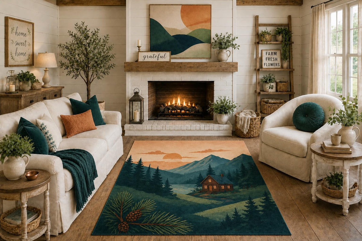 ICE ARMOR "Ultra Light Weight 5' x 7' Mountain Cabin Landscape Area Rug, Rustic Woodland Pine Forest Design for Living Room Lodge Bedroom, Non-Slip Silicone Backing Low Pile