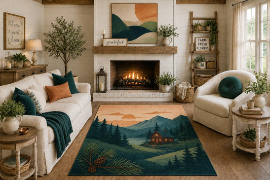 ICE ARMOR "Ultra Light Weight 5' x 7' Mountain Cabin Landscape Area Rug, Rustic Woodland Pine Forest Design for Living Room Lodge Bedroom, Non-Slip Silicone Backing Low Pile