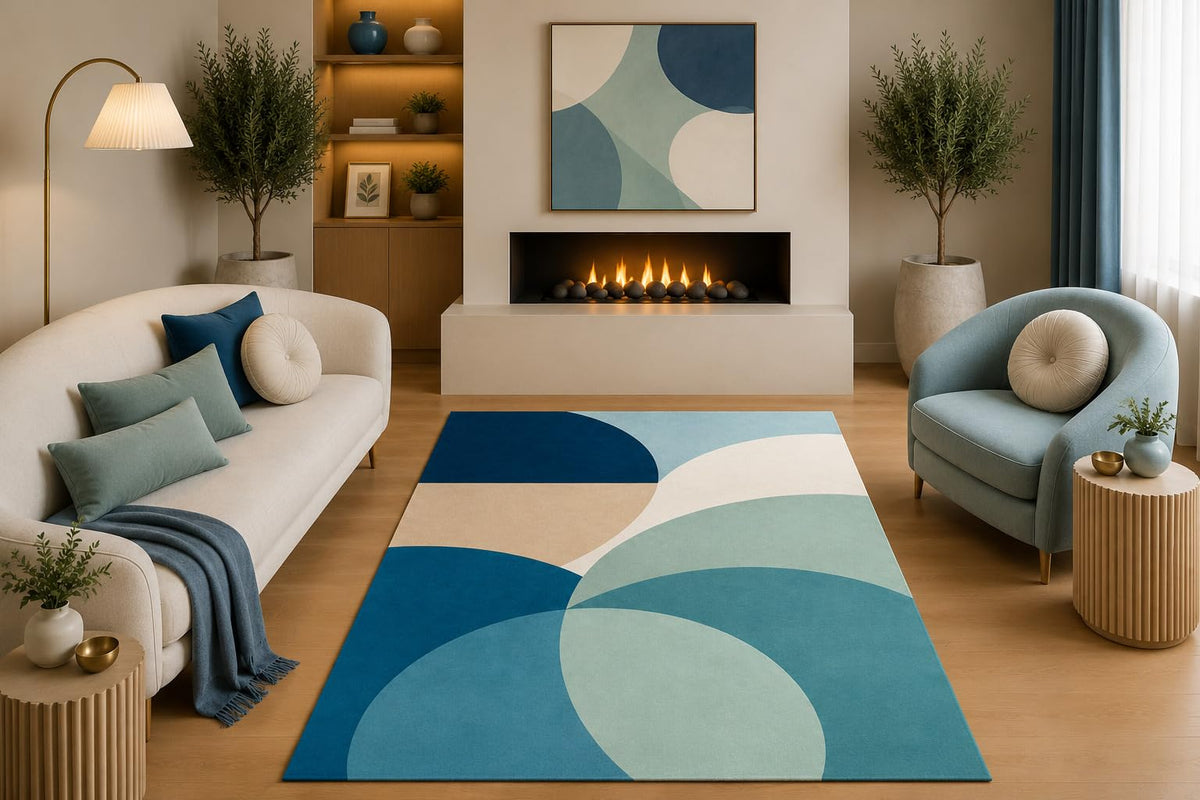 ICE ARMOR 5' x 7' Mid Century Modern Area Rug Teal Blue Sage Cream Abstract Curved Geometric Design for Living Room Bedroom Dining Room Office Non-Slip Silicone Backing Low Pile
