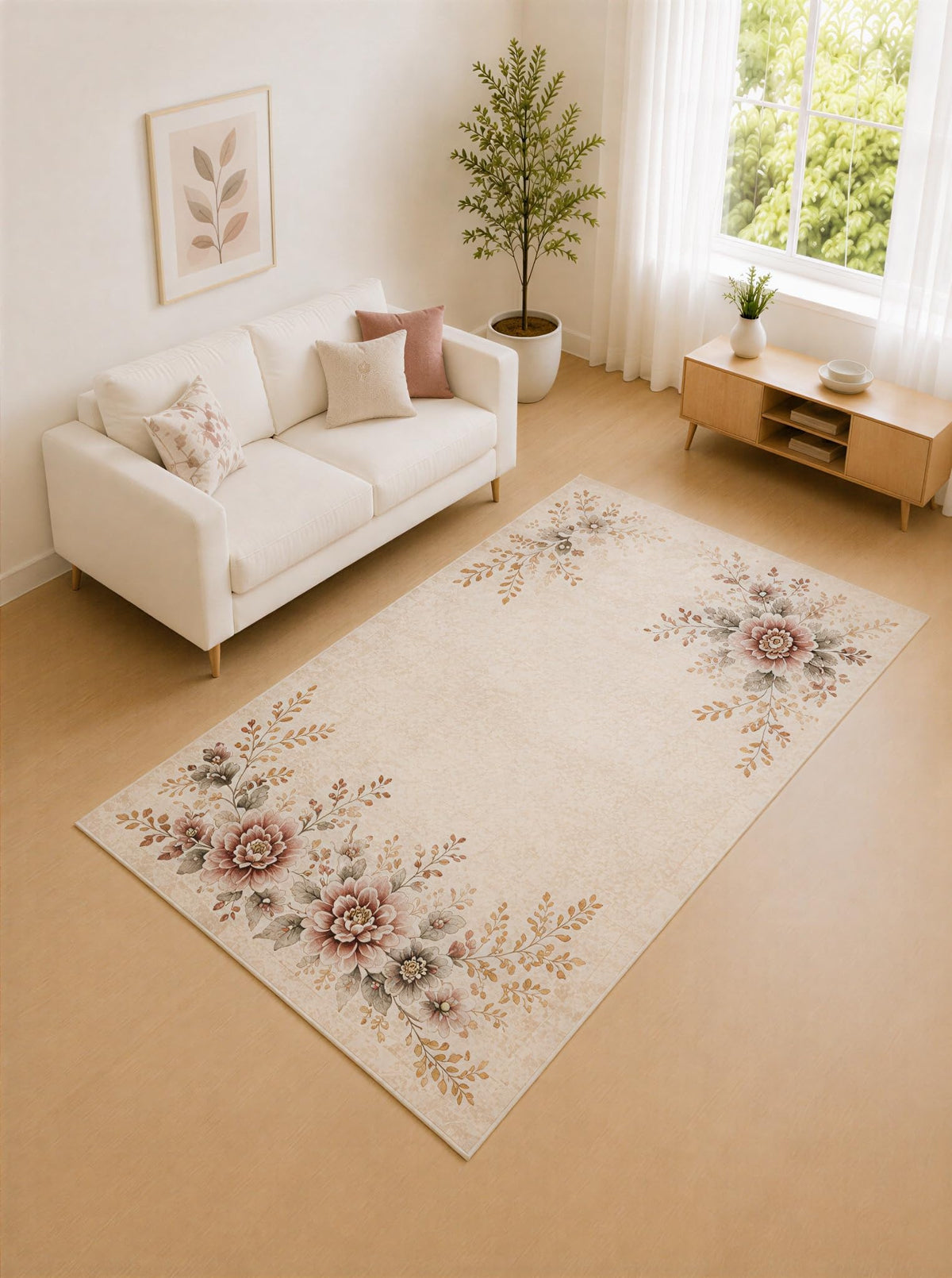 ICE ARMOR "Ultra Lightweight 5' x 7' Beige and Rose Elegant Corner Bloom Area Rug for Living Room, Bedroom and Home Office, Soft Low Pile Carpet with Non-Slip Silicone Backing