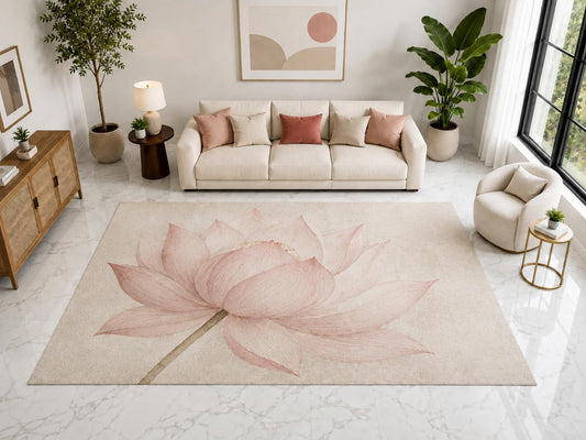 ICE ARMOR "Ultra Light Weight Large 6'7" x 9'10" Pink Lotus Blossom Rug, Soft Low Pile Indoor Rug, Non-Slip Silicone Backing for Living Room Pink