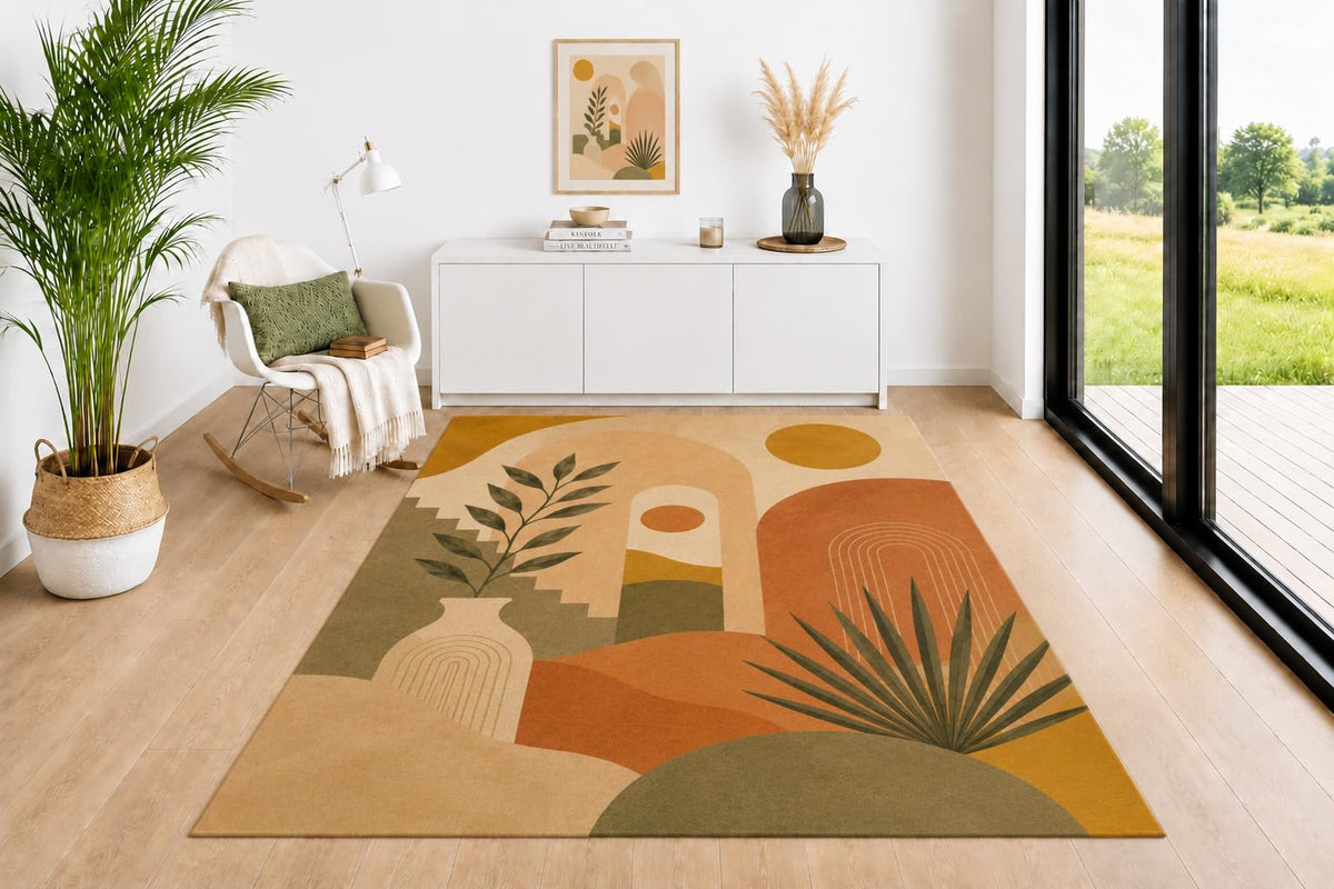 ICE ARMOR 5' x 7' Desert Area Rug, Arch Palm Leaf Vase Design in Neutral Earth Tones with Sage Green Terracotta Beige, Floor Carpet for Living Room Bedroom