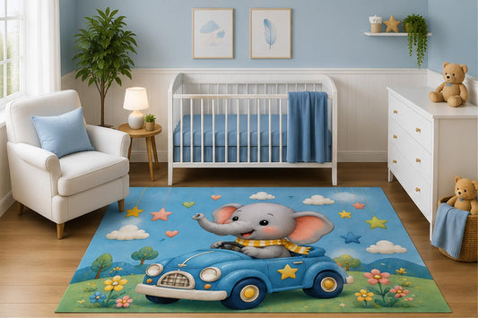 ICE ARMOR 5' x 7' Watercolor Baby Elephant Driving Car Nursery Area Rug, Cute Animal Vehicle Kids Bedroom Playroom Decor Carpet, Non-Slip Silicone Backing Low Pile