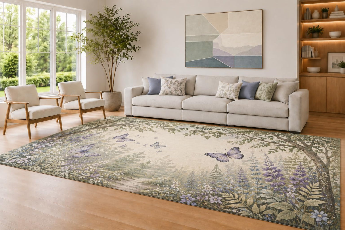 ICE ARMOR Large 6'7" x 9'10" Sage and Cream Butterfly Grove Area Rug for Living Room, Soft Low Pile Carpet with Non-Slip Silicone Backing, Decor for Bedroom and Home Office