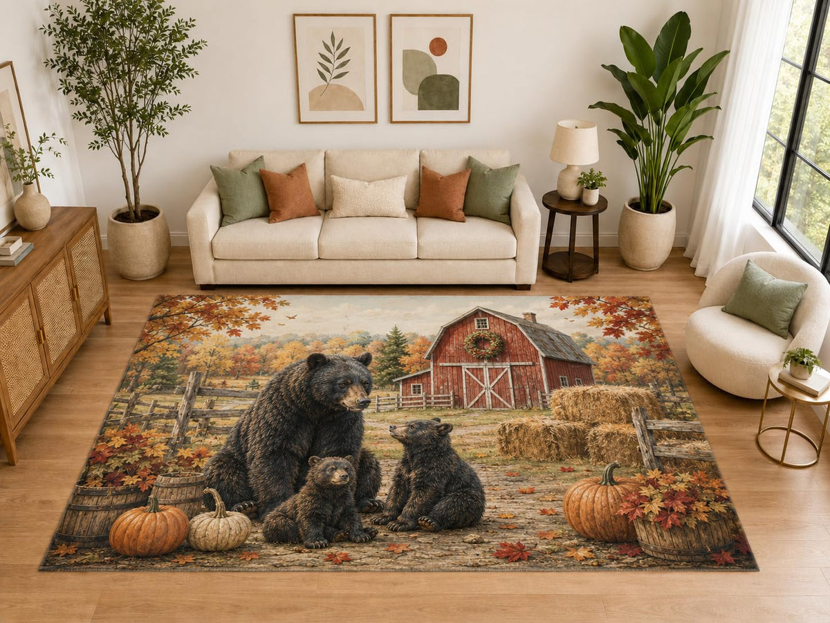 ICE ARMOR "Ultra Light Weight Large 6'7" x 9'10" Bear Fall Barn Area Rug, Soft Low Pile Indoor Rug, Non-Slip Silicone Backing, Family Room, Brown
