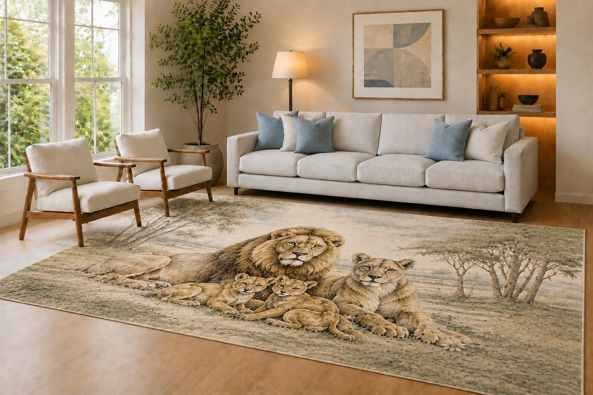 ICE ARMOR Large 6'7" x 9'10" Beige & Olive Lion Pride Area Rug for Living Room, Soft Low Pile Carpet with Non-Slip Silicone Backing, Decor for Bedroom & Home Office