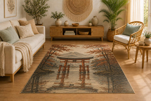 ICE ARMOR 5' x 7' Japanese Torii Gate Area Rug for Living Room, Soft Low Pile Indoor Rug with Non-Slip Silicone Backing, Carpet for Bedroom, Office, Brown