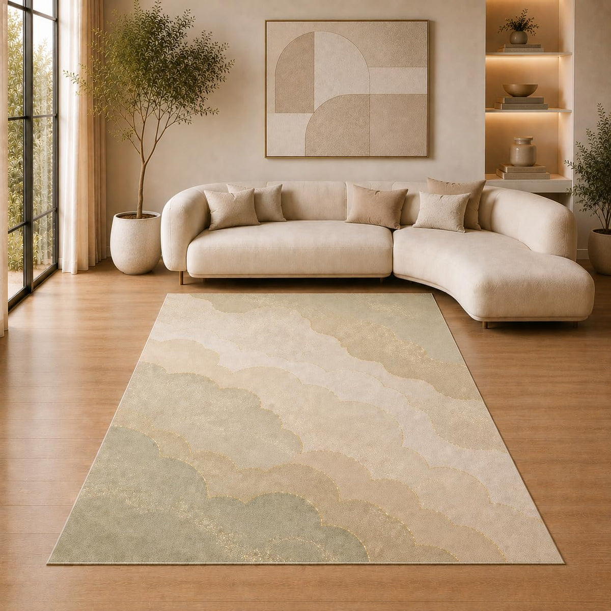 ICE ARMOR 5' x 7' Layered Scallop Abstract Area Rug for Living Room, Soft Low Pile Indoor Rug with Non-Slip Silicone Backing, Decorative Carpet for Bedroom, Family Room, Sage Green