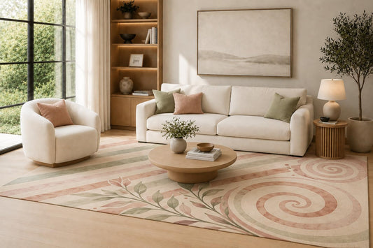 ICE ARMOR Large 6'7" x 9'10" Blush and Sage Spiral Stripes Area Rug for Living Room, Soft Low Pile Carpet with Non-Slip Silicone Backing, Decor for Bedroom, Dining Area and Home Office