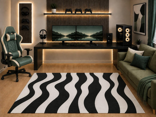 ICE ARMOR "Ultra Light Weight 5' x 7' Black White Wavy Stripe Area Rug Modern Abstract Design for Bedroom Gaming Room Living Room Contemporary Decor Non-Slip Silicone Backing Low Pile