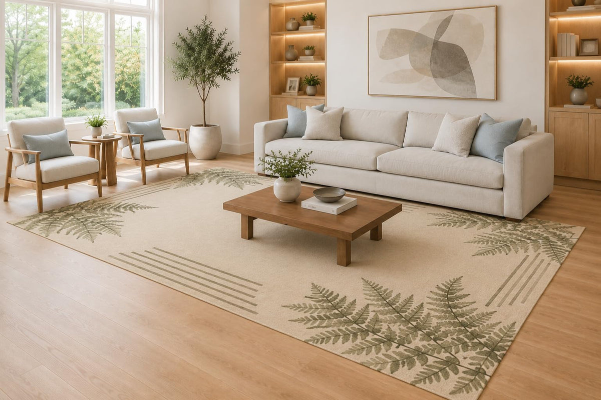 ICE Armor Large 6'7" x 9'10" Olive Green and Ivory Delicate Fern Corners Area Rug for Living Room, Soft Low Pile Carpet with Non-Slip Silicone Backing, Decor for Bedroom, Dining Area and Home Office
