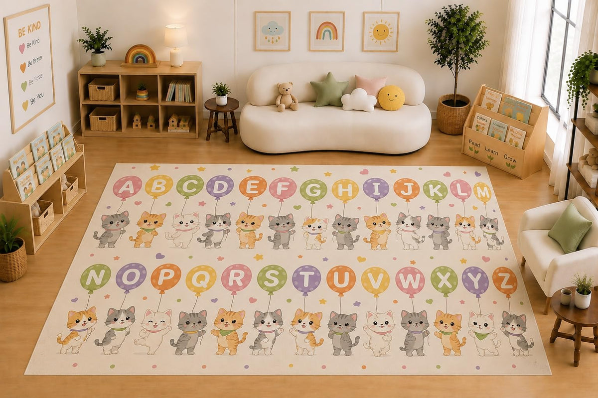 ICE ARMOR Large 6'7" x 9'10" Alphabet Cats ABC Learning Area Rug for for Kids Room, Classroom, Bedroom, Playroom Decor, Soft Low Pile Indoor Rug with Non-Slip Silicone Backing, Pastel Cream