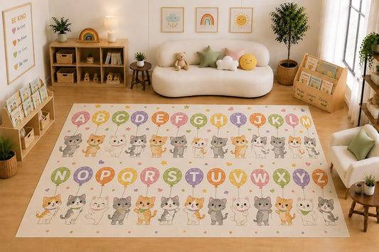 ICE ARMOR Large 6'7" x 9'10" Alphabet Cats ABC Learning Area Rug for for Kids Room, Classroom, Bedroom, Playroom Decor, Soft Low Pile Indoor Rug with Non-Slip Silicone Backing, Pastel Cream