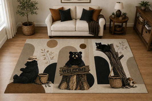 ICE ARMOR "Ultra Light Weight 5' x 7' Bear Family Welcome Area Rug for Living Room, Bedroom and Home Office, Soft Low Pile Carpet with Non-Slip Silicone Backing, Black and Beige
