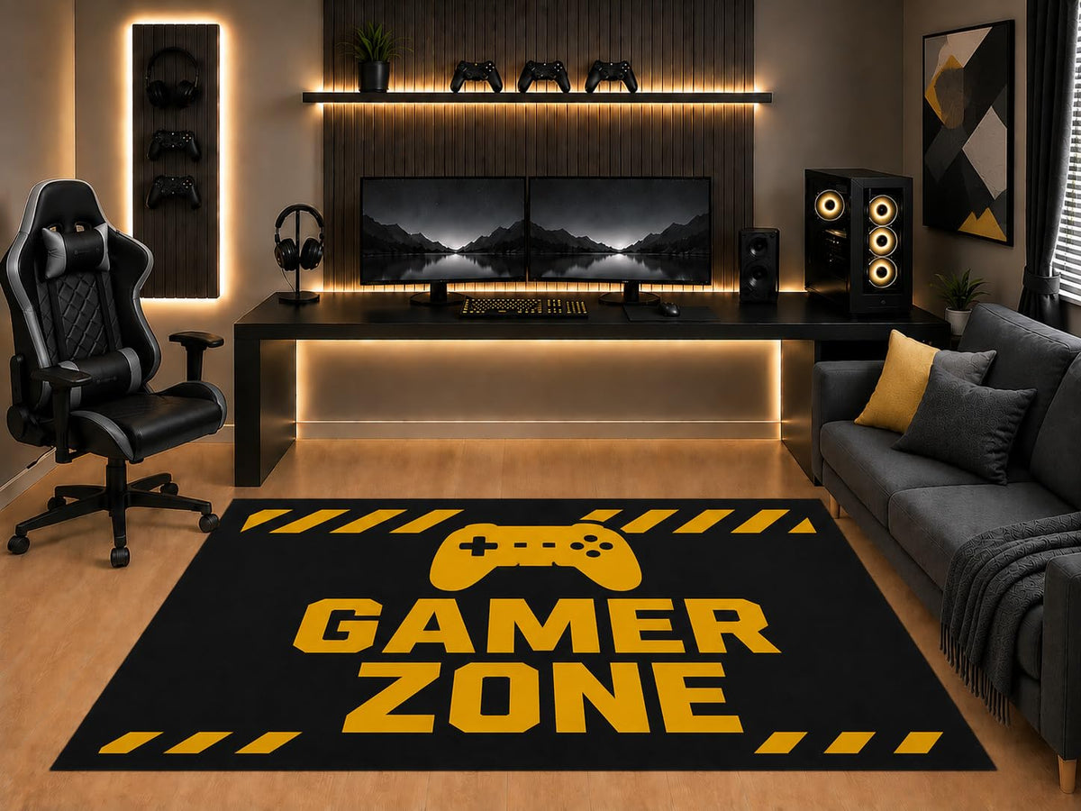 ICE ARMOR "Ultra Light Weight 5' x 7' Gamer Zone Area Rug Black Gold Controller Graphic for Boys Teen Bedroom Gaming Room Playroom Non-Slip Silicone Backing Low Pile