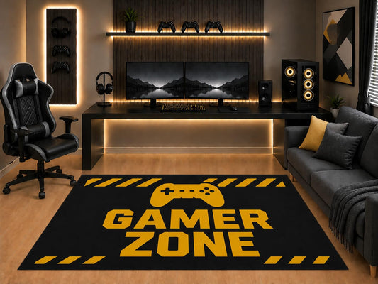 ICE ARMOR "Ultra Light Weight 5' x 7' Gamer Zone Area Rug Black Gold Controller Graphic for Boys Teen Bedroom Gaming Room Playroom Non-Slip Silicone Backing Low Pile
