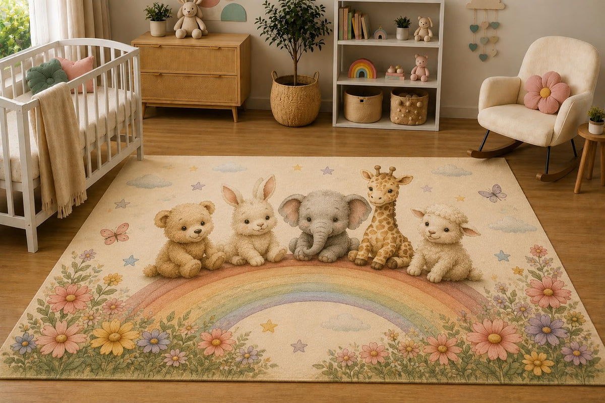 ICE ARMOR 5' x 7' Baby Animals Rainbow Area Rug, Soft Low Pile Indoor Rug with Non-Slip Silicone Backing, Nursery, Kids Room, Playroom, Family Room, Kids & Pets, Beige Pastel