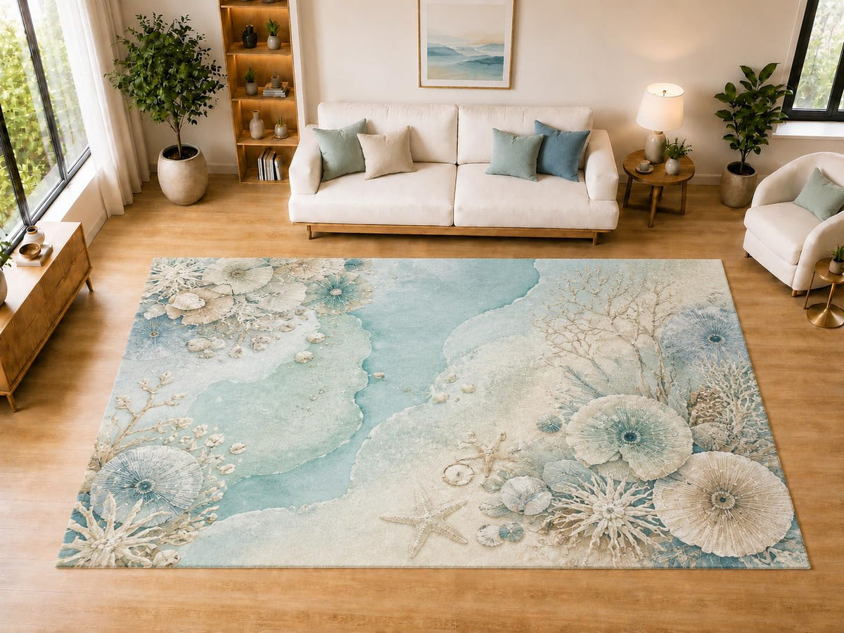 ICE ARMOR "Ultra Light Weight Large 6'7" x 9'10" Coral Bloom Coastal Garden Area Rug for Living Room, Bedroom, Dining Room, Soft Low Pile Non-Slip Backing, Aqua Cream