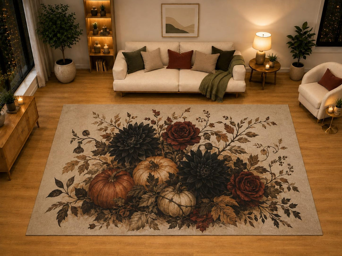 ICE ARMOR "Ultra Light Weight Large 6'7" x 9'10" Black Dahlia Rose Pumpkin Area Rug for Living Room Bedroom, Soft Low Pile Non-Slip Backing, Beige Burgundy Gothic Autumn Floral Decor