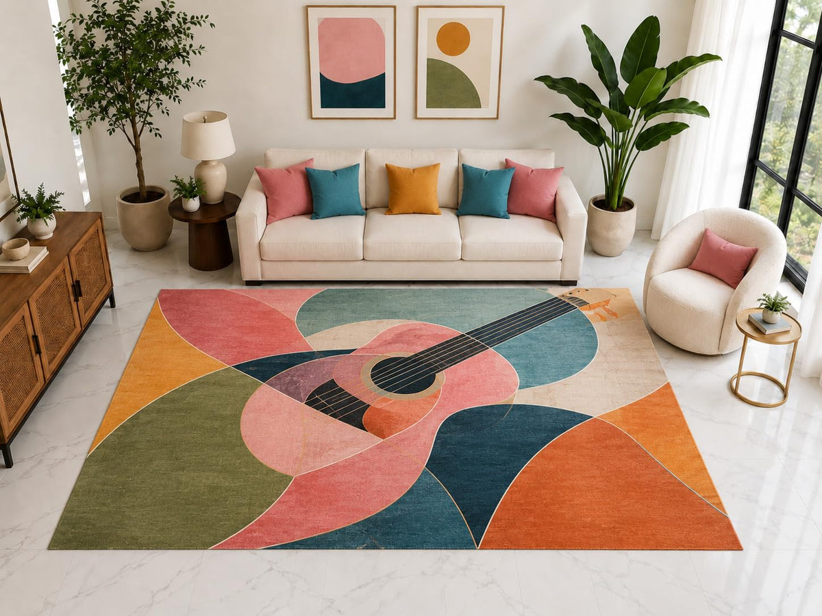 ICE ARMOR "Ultra Light Weight Large 6'7" x 9'10" Abstract Guitar Art Rug, Soft Low Pile Indoor Rug, Non-Slip Silicone Backing for Bedroom Pink Orange
