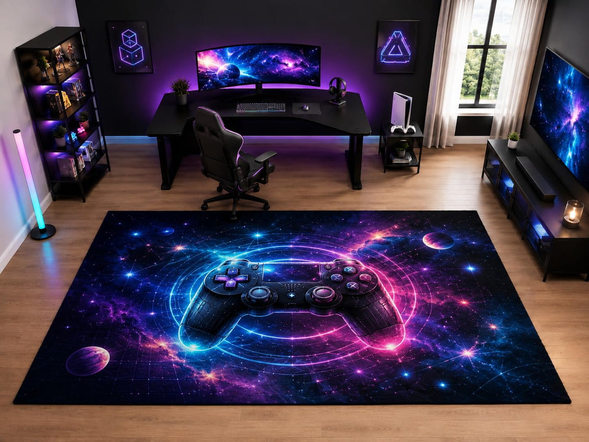 ICE ARMOR "Ultra Light Weight Large 6'7" x 9'10" Galaxy Game Controller Area Rug for Kids Room Bedroom, Soft Low Pile Indoor Rug and Non-Slip Silicone Backing, Navy Blue