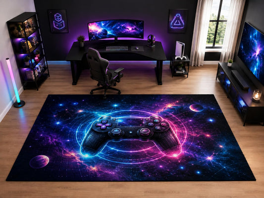ICE ARMOR "Ultra Light Weight Large 6'7" x 9'10" Galaxy Game Controller Area Rug for Kids Room Bedroom, Soft Low Pile Indoor Rug and Non-Slip Silicone Backing, Navy Blue