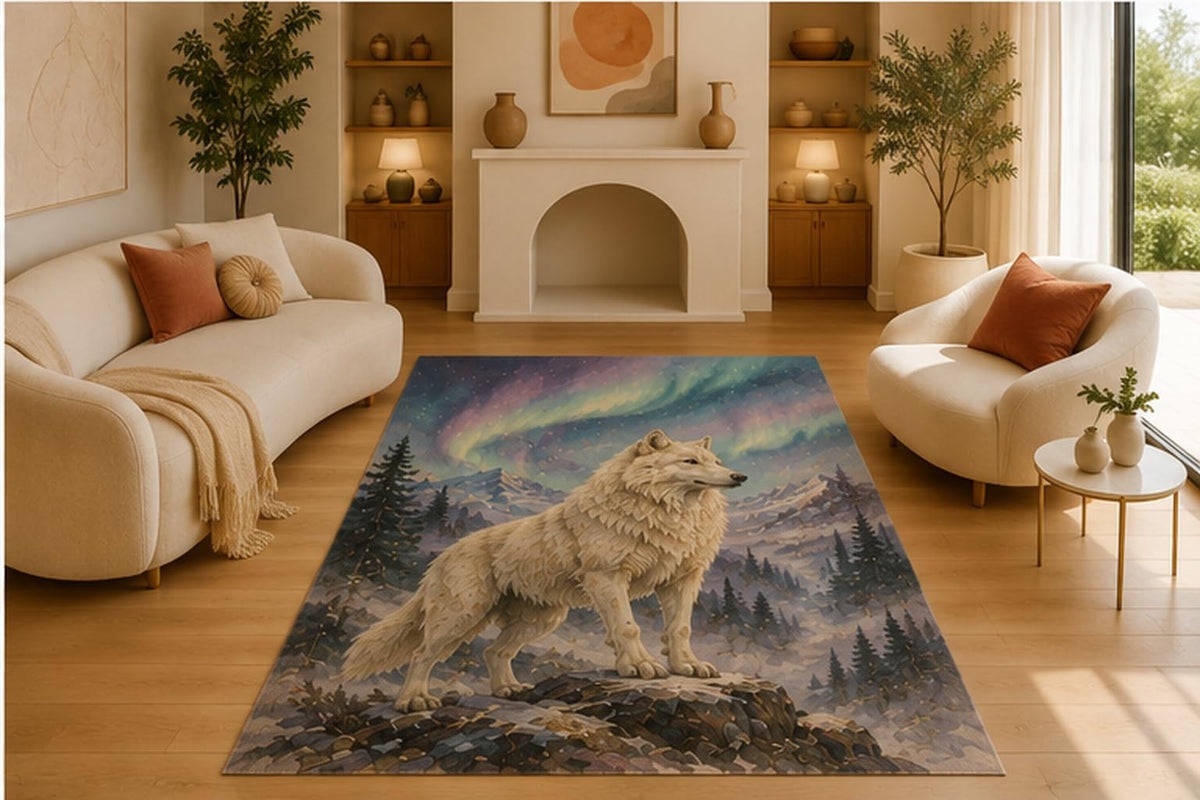 ICE ARMOR 5' x 7' Arctic Wolf Aurora Area Rug, Soft Low Pile Indoor Rug with Non-Slip Silicone Backing for Living Room, Bedroom, Dining Room & Office, Blue Purple