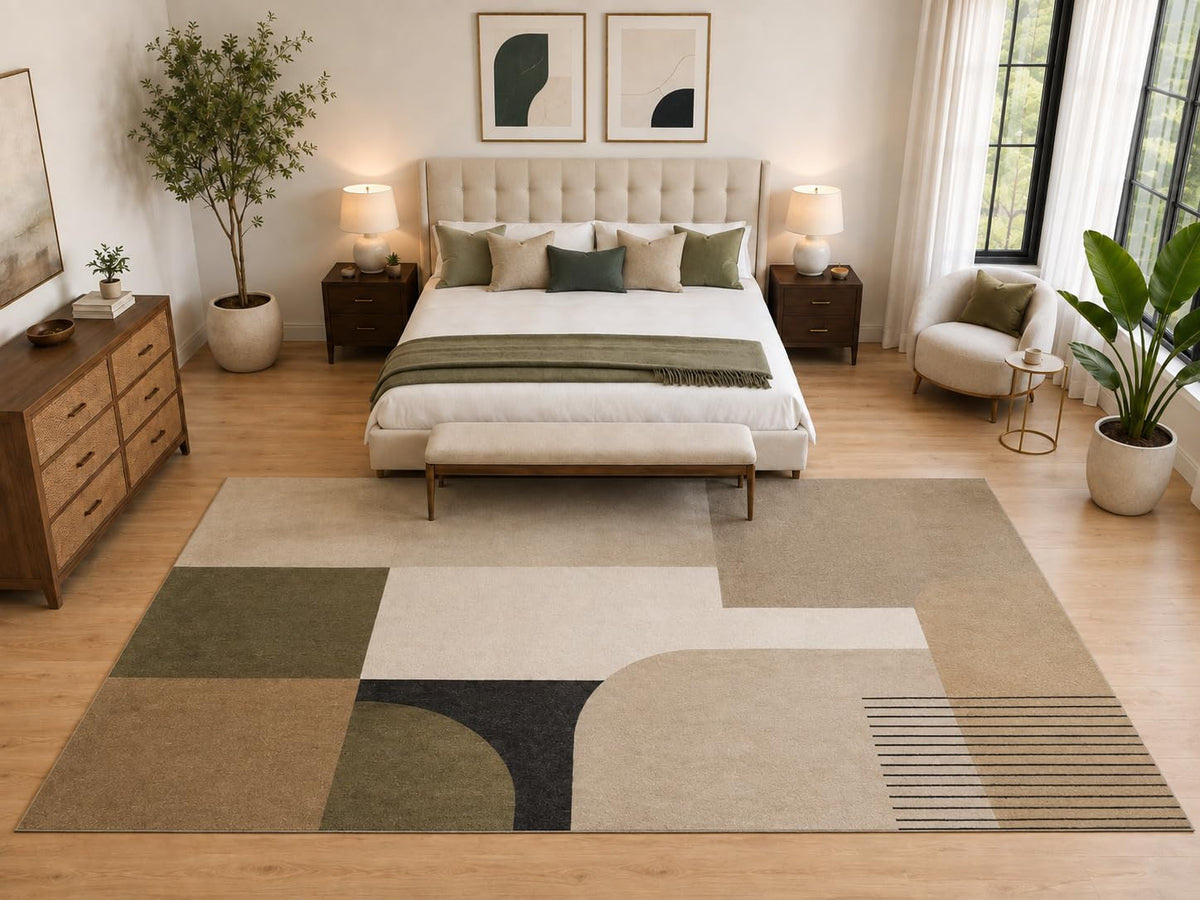 ICE ARMOR "Ultra Light Weight Large 6'7" x 9'10" Modern Block Geometric Rug, Soft Low Pile Indoor Rug, Non-Slip Silicone Backing for Bedroom Beige