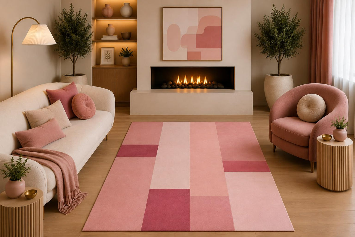 ICE ARMOR 5' x 7' Modern Minimalist Area Rug Blush Pink Rose Cream Geometric Patchwork Design for Living Room Bedroom Nursery Office Non-Slip Silicone Backing Low Pile
