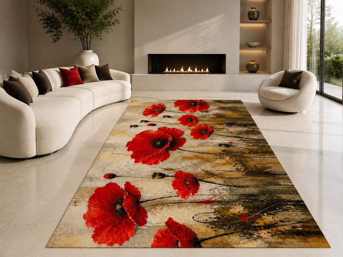 ICE ARMOR "Ultra Lightweight Large 6'7" x 9'10" Red Poppy Meadow Area Rug for Living Room, Bedroom and Home Office, Soft Low Pile Carpet with Non-Slip Silicone Backing, Red and Beige