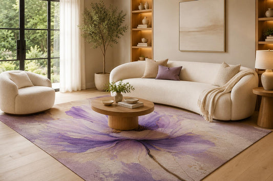 ICE ARMOR 6'7" x 9'10" Purple and Beige Watercolor Bloom Area Rug for Living Room, Soft Low Pile Carpet with Non-Slip Silicone Backing, Floor Decor for Bedroom, Dining Area and Home Office
