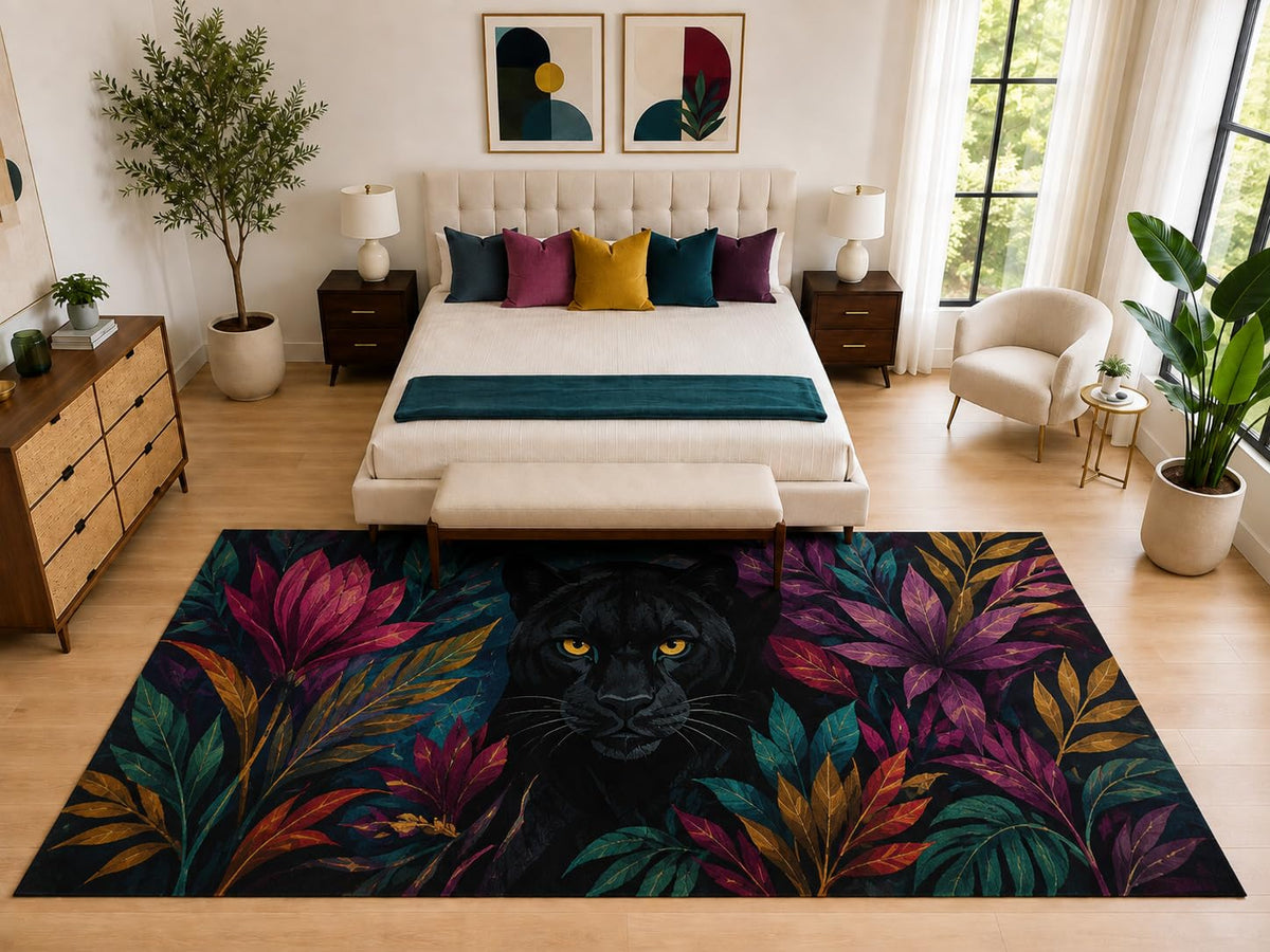 ICE ARMOR "Ultra Light Weight Large 6'7" x 9'10" Tropical Black Panther Rug, Soft Low Pile Indoor Rug, Non-Slip Silicone Backing for Bedroom Black