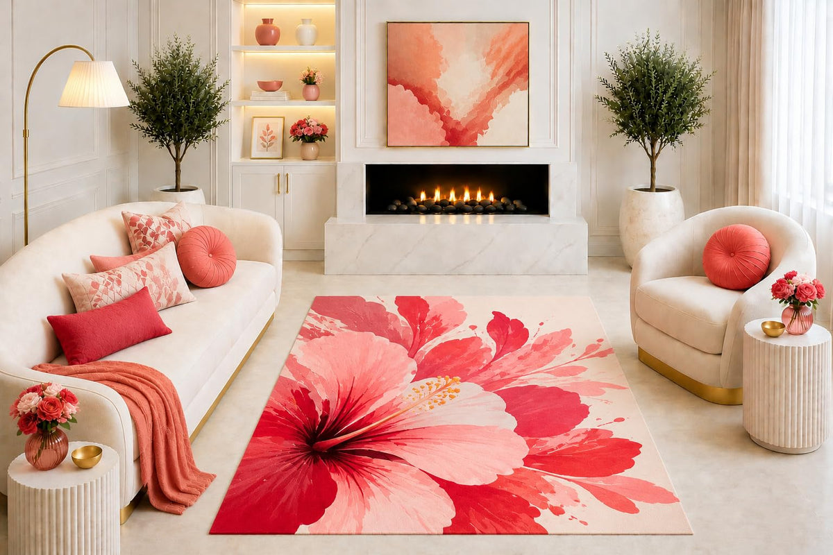 ICE ARMOR "Ultra Light Weight 5' x 7' Pink Hibiscus Floral Area Rug, Watercolor Tropical Flower Design for Living Room Bedroom Dining Room, Non-Slip Silicone Backing Low Pile