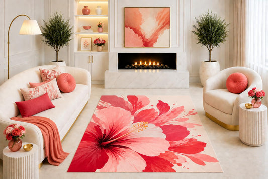 ICE ARMOR "Ultra Light Weight 5' x 7' Pink Hibiscus Floral Area Rug, Watercolor Tropical Flower Design for Living Room Bedroom Dining Room, Non-Slip Silicone Backing Low Pile