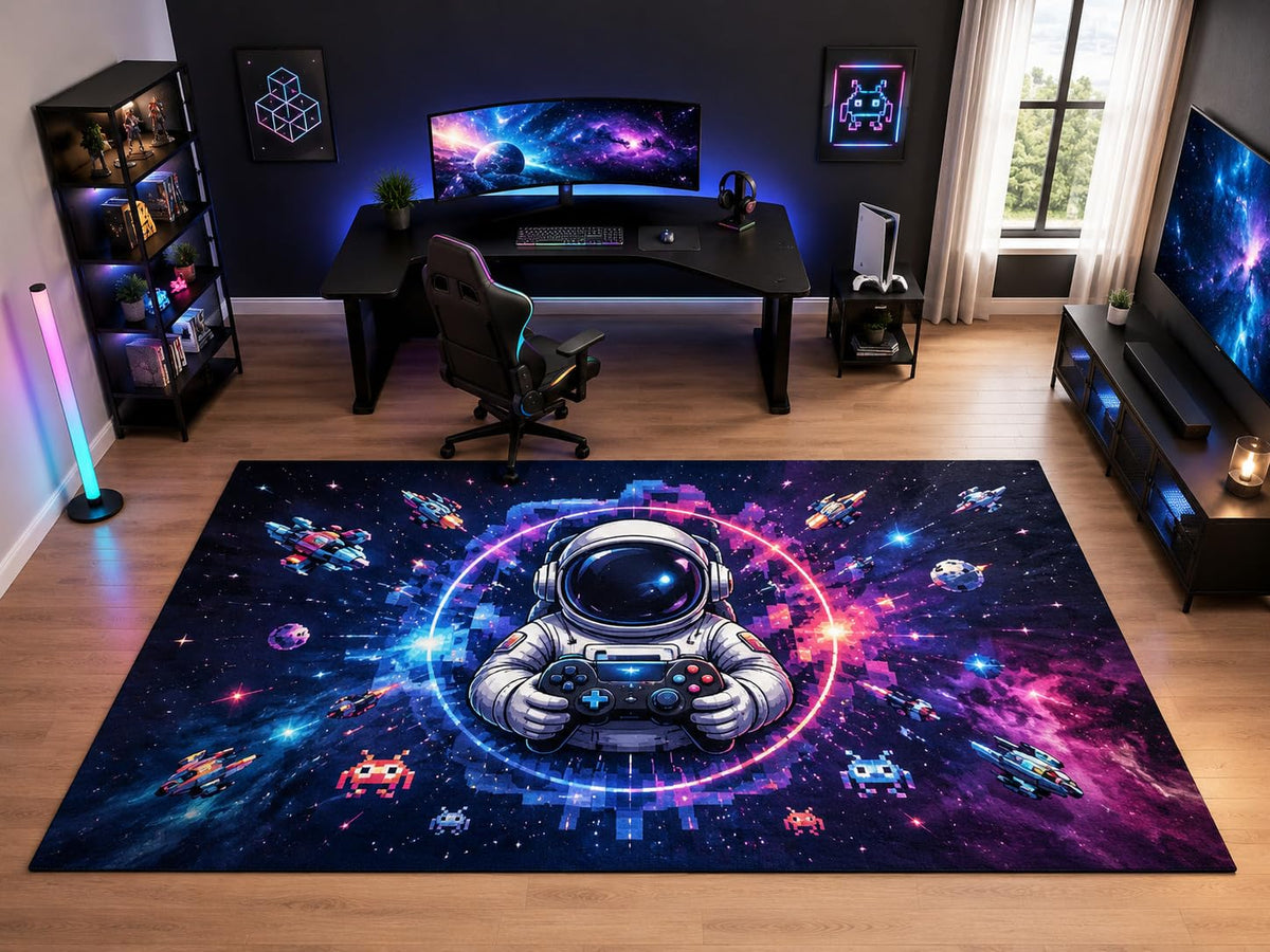 ICE ARMOR "Ultra Light Weight Large 6'7" x 9'10" Space Gamer Astronaut Area Rug for Kids Room Bedroom, Soft Low Pile Indoor Rug and Non-Slip Silicone Backing, Navy Blue