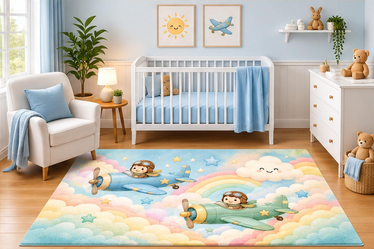 ICE ARMOR 5' x 7' Pastel Airplane Rainbow Area Rug for Nursery Room, Cute Pilot Clouds and Stars Adventure Design for Baby Boy Playroom Decor, Non-Slip Silicone Backing Low Pile