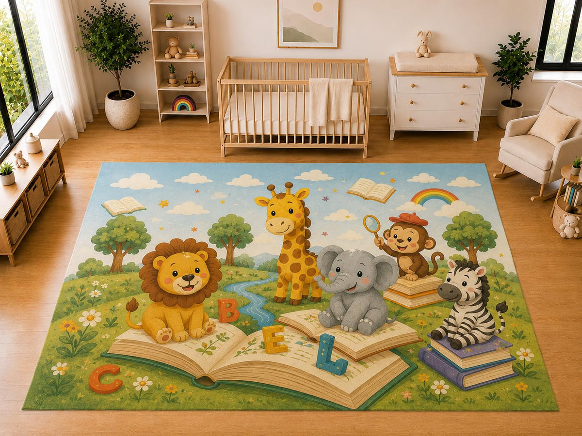 ICE ARMOR "Ultra Light Weight Large 6'7 x 9'10 Safari Learning Books Animals Area Rug for Kids Room Nursery Playroom Soft Low Pile Indoor Carpet Educational Floor Decor