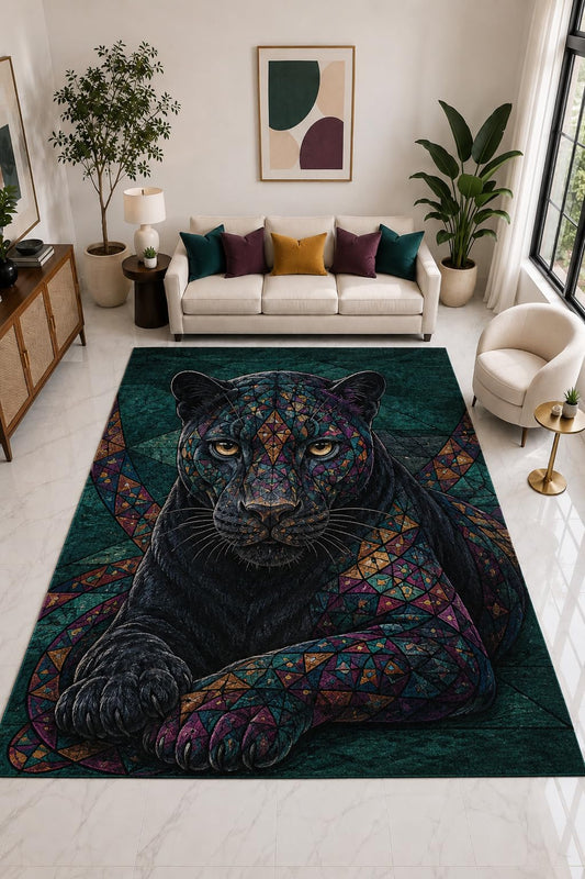 ICE ARMOR "Ultra Light Weight Large 6'7" x 9'10" Black Panther Mosaic Rug, Soft Low Pile Indoor Rug, Non-Slip Silicone Backing for Bedroom Teal