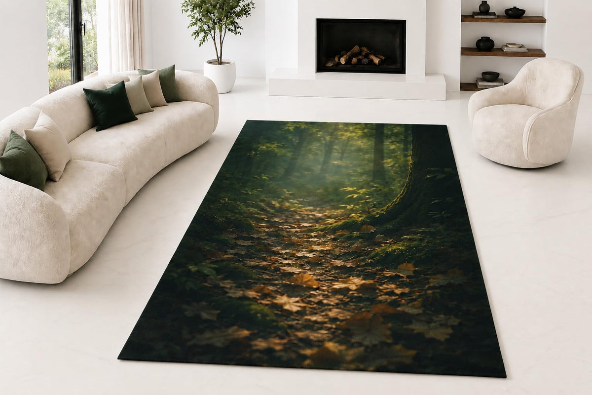 ICE ARMOR "Ultra Lightweight Large 6'7" x 9'10" Autumn Woodland Path Area Rug for Living Room, Bedroom and Home Office, Soft Low Pile Carpet with Non-Slip Silicone Backing, Green and Rust